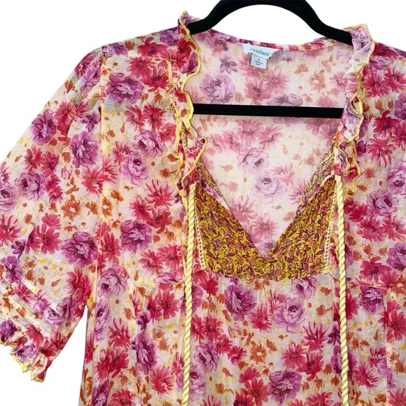 Sundance Fields of Beauty Dress Pink Yellow Tiered Tassel Tie Midi Size Large - Picture 6 of 14